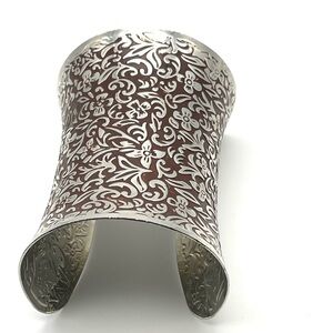 Vintage Boho Silver Toned Floral Motif Cuff Bracelet